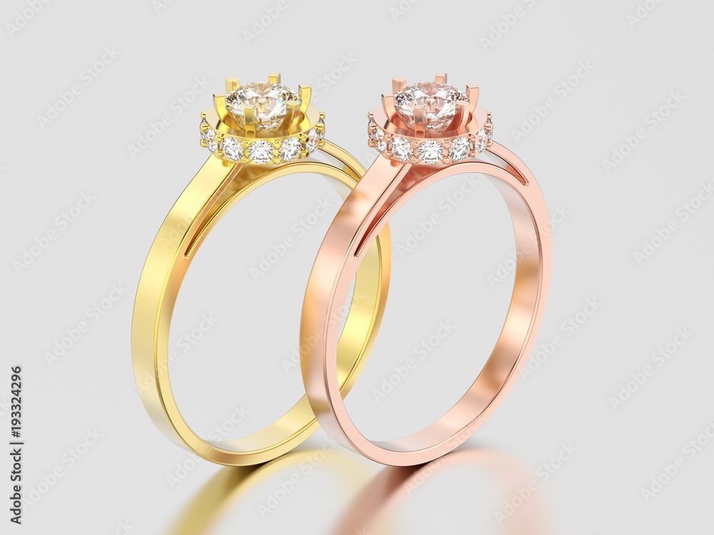 3D illustration two rose and yellow gold halo bezel pave diamond rings 3D illustration two rose and yellow gold halo bezel pave diamond rings