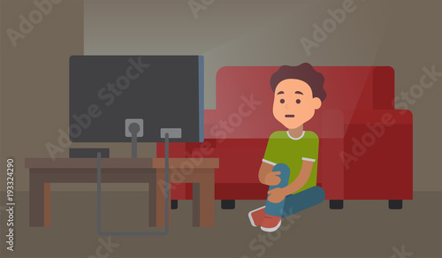 Kid watching TV at night. Vector flat illustration