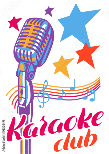 Karaoke club poster. Music event banner. Illustration with microphone in retro style