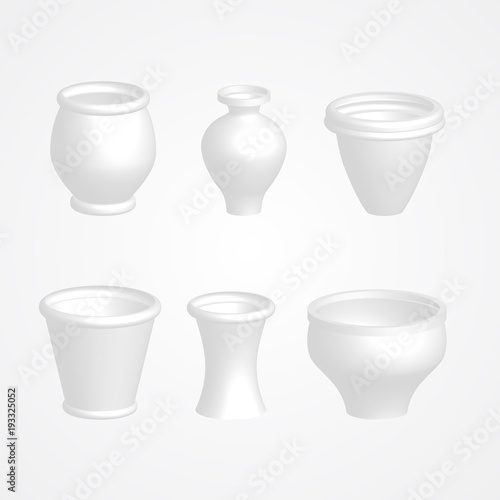 Realistic 3d white ceramic garden pots for flowers and plants vector set. Diversity of shapes with empty space for branding. Illustration isolated on white. Horticulture accessories.