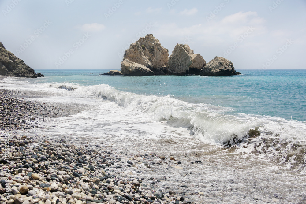 Turquoise wave. Beach near Aphrodite stone. Cyprus Mediterranean Sea
