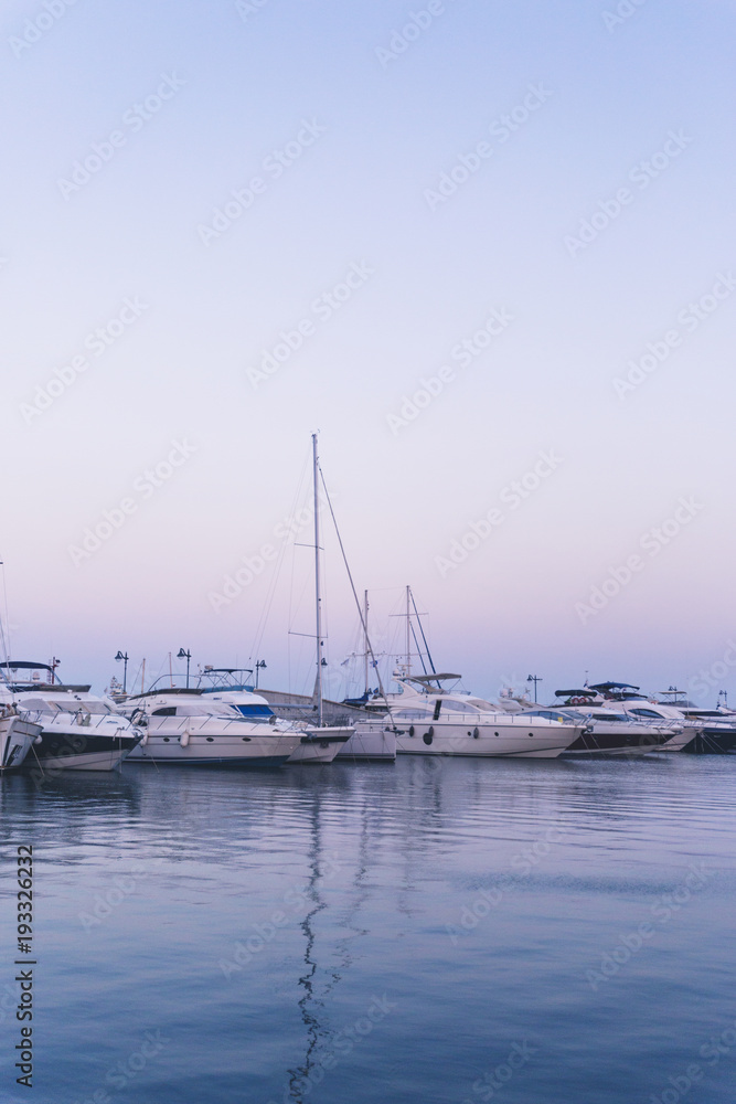 Sea yachts on water. Cyprus summer landscape