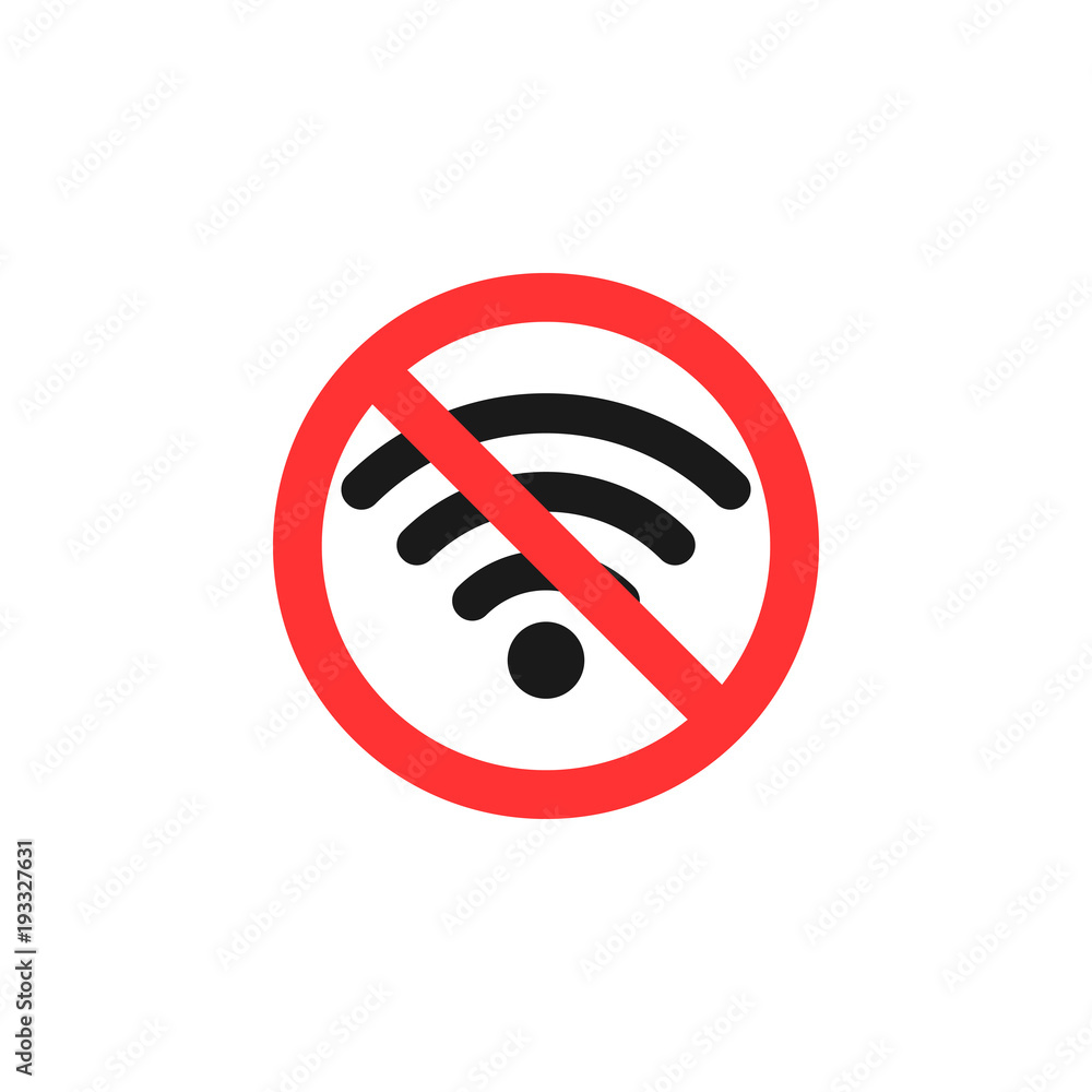 No wifi sign. Flat vector illustration. Red circle. No wifi sign. Flat vector illustration. Red circle.