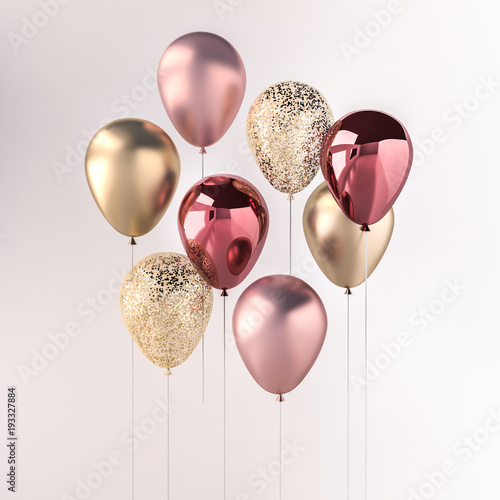 Fototapeta Set of pink and golden glossy balloons on the stick with sparkles on white background