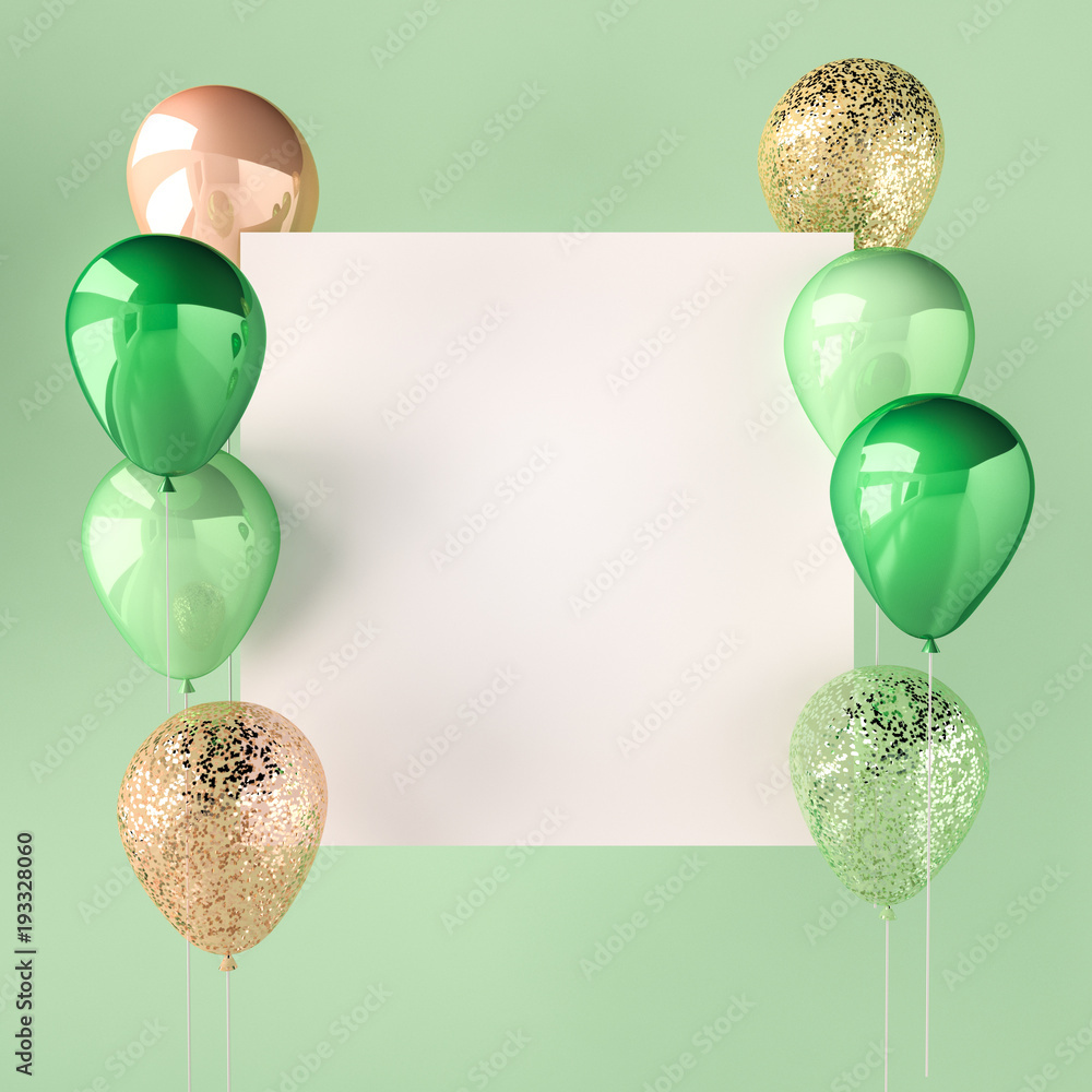 Green color and golden balloons with sequins and white sticker. Green  background for social media. 3D render for birthday, party, wedding or  promotion. Vibrant and realistic illustration. Stock Illustration | Adobe  Stock