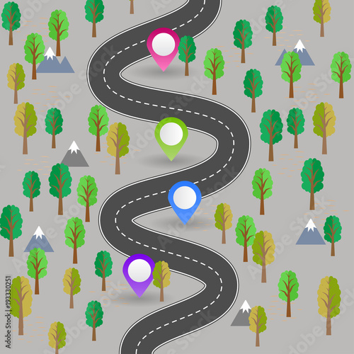 Itinerary planning infographic, important turns, road traffic, trip navigation illustration, landscape details for travellers with pin-pointers for road stops or special locations.