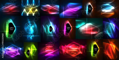 Neon glowing light abstract backgrounds collection, mega set of energy magic concept backgrounds