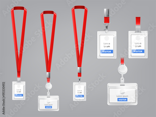 Vector set of realistic plastic badges, holders with metal clips and red lanyards, ID cards for presentation or conference visitors, press, media, office employees isolated on gray background