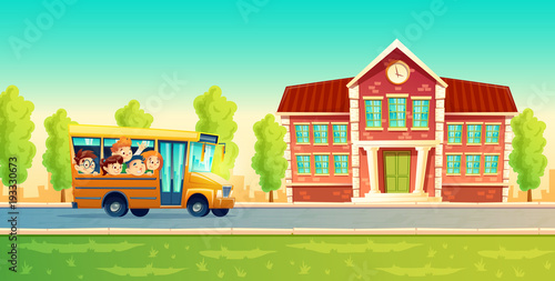 Vector cartoon colorful background with cheerful smiling kids  happy pupils  riding on yellow bus. Back to school concept illustration. Poster with group of boys and girls go on excursion or trip