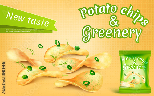 Vector promotion banner with realistic potato chips and greenery, high-calorie meal, foil package with crispy salted snacks on yellow background. Mockup for brand advertising, packaging design