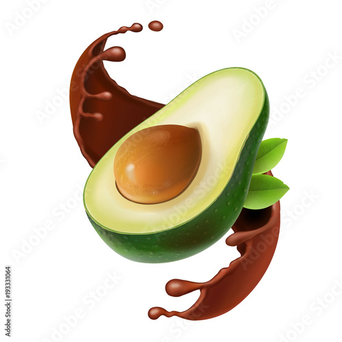 Vector sliced avocado in chocolate smoothie splash
