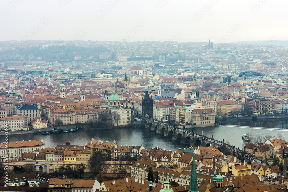 Skyline view panorama of Charles bridge, Karluv Most, with Old Town in Prague. Czech Republic