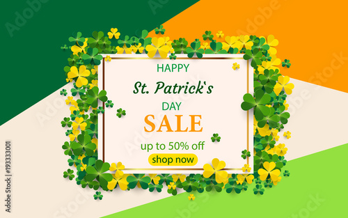 Saint Patrick's Day card with square frame, green four and tree leaf clovers on colorful modern geometric background. Vector illustration. photo