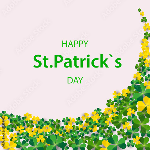 Saint Patrick's Day Vertical Border with Green and Gold, Four and Tree Leaf Clovers on White Background. Vector illustration. Party Invitation Design,