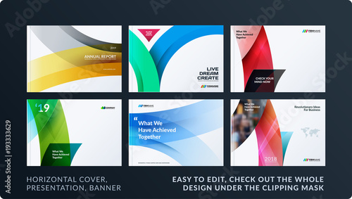 Set of design brochure, abstract annual report, horizontal cover layout photo
