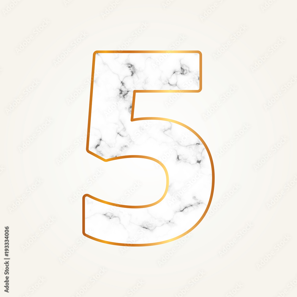 Marble number five with gold frame. Lettering number 5. Marble number five with gold frame. Lettering number 5.