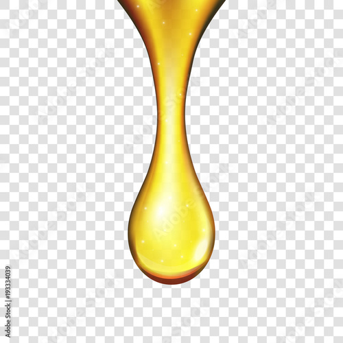 Creative vector illustration of realistic olive fuel golden liquid, yellow oil drop, sparkling collagen, honey isolated on transparent background. Art design. Abstract concept graphic element