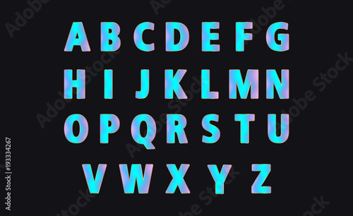 Blue holographic alphabet. Set Modern colorful bright gradient letters font.