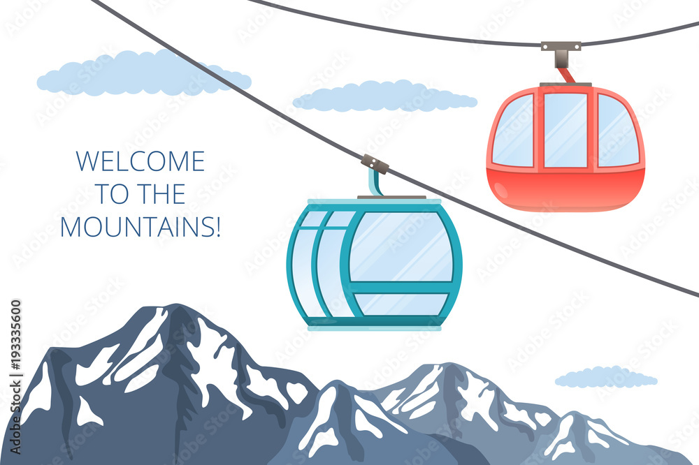 Funicular railway . Ski cable car . Vector mountain illustration Funicular railway . Ski cable car . Vector mountain illustration