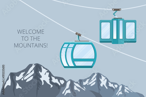 Funicular railway . Ski cable car . Vector mountain illustration