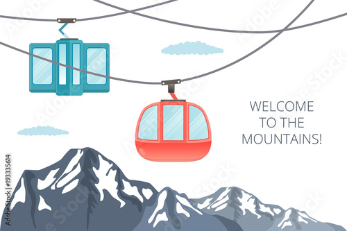 Funicular railway . Ski cable car . Vector mountain illustration