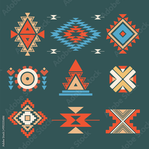 Tribal ethnic colored elements on dark background . Vector .