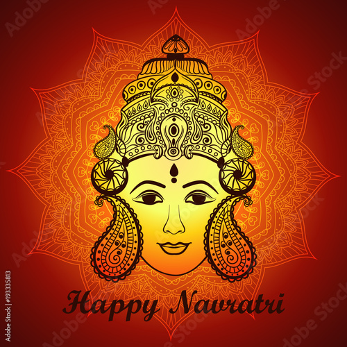 Creative Floral Frame based on Line Art with Beautiful Face of Maa Durga on decorative background for Hindu Festival Navratri.