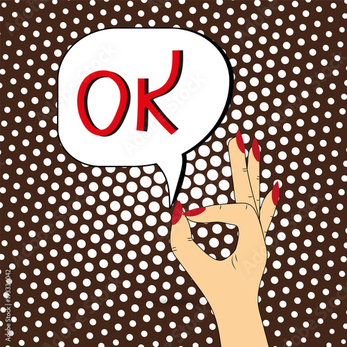 A woman's hand. Gesticulation with fingers, speech bubble.