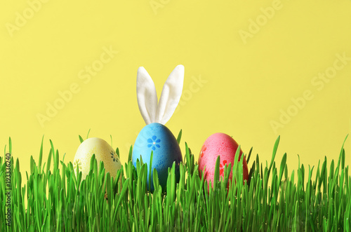 Easter funny bunny on green grass with easter eggs. Easter background. photo