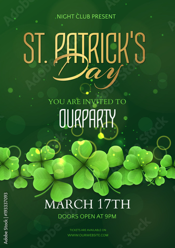 Vector holiday template of a poster for a party of Saint Patrick’s Day with realistic clovers. Green festive blur background with shamrocks for design of flyers, banners and invitation cards.