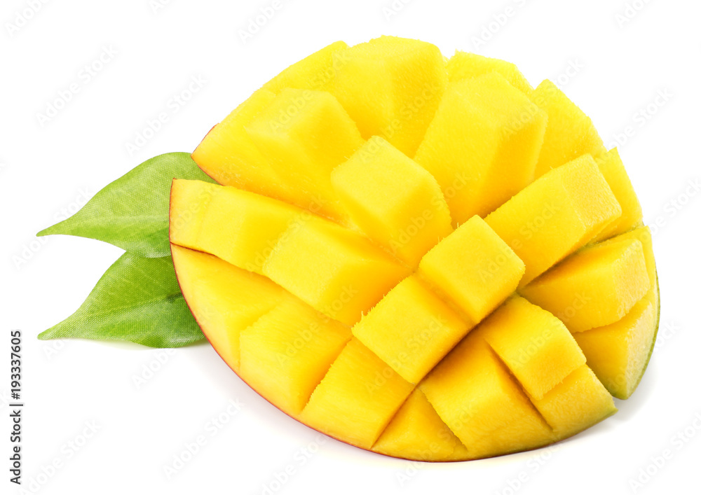 mango slice with green leaves isolated on white background
