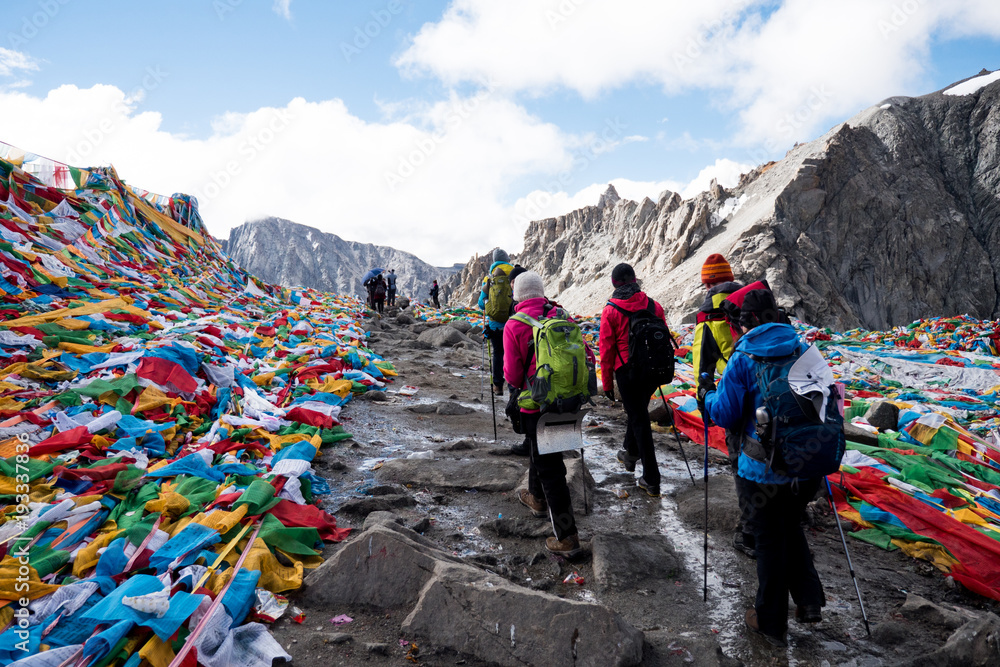Naklejka premium People Pass Mount Kailash Himalayas range Tibet Kailas yatra