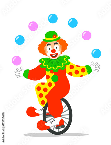 Funny circus clown juggling balls on unicycle. Vector cartoon illustration. Isolated on white