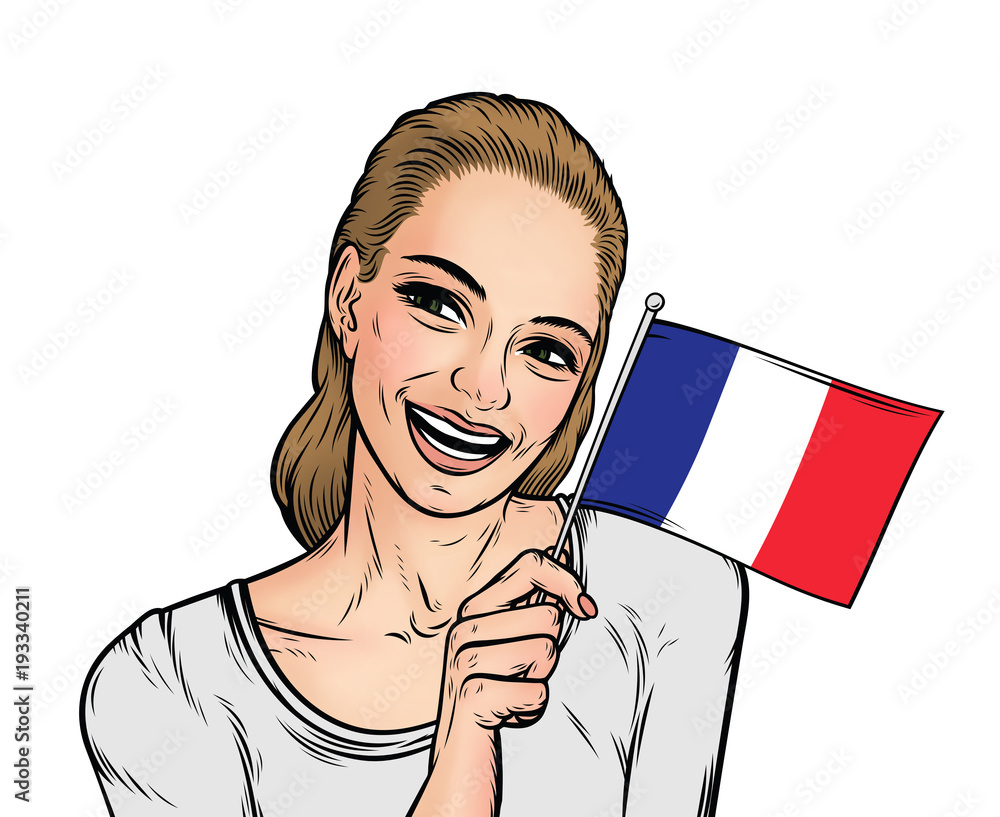 Smiling young woman holding french flag isolated on a white background