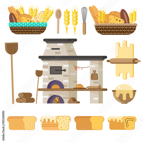 Oven for baking bread or pizza. Vector in flat style. Everything for baking