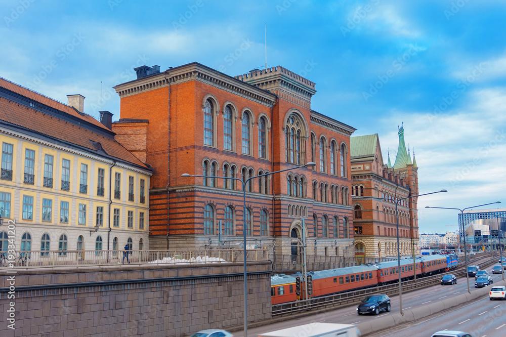 Architecture Of Stockholm, Sweden. Usual street, cars, train