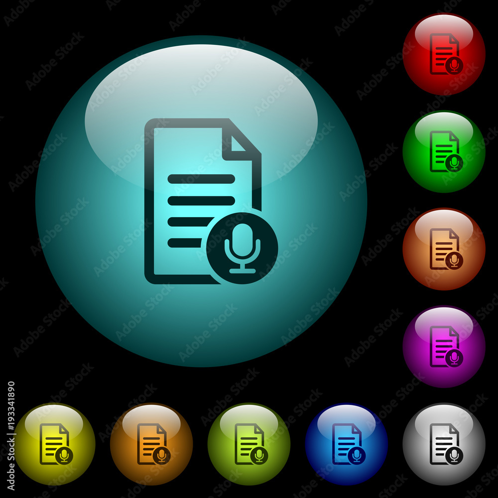 Voice document icons in color illuminated glass buttons Voice document icons in color illuminated glass buttons