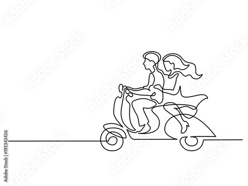 Continuous line drawing. Happy couple driving on scooter. Vector illustration