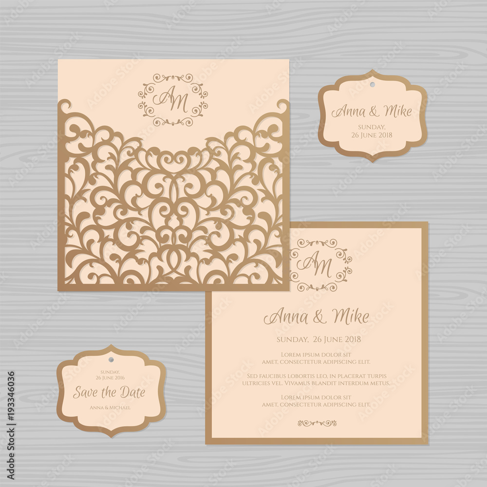 Wedding invitation or greeting card with vintage ornament. Paper lace envelope template. Wedding invitation envelope mock-up for laser cutting. Vector illustration.
