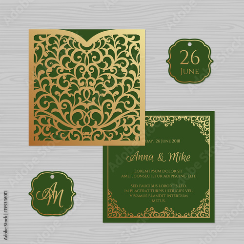 Wedding invitation or greeting card with vintage ornament. Paper lace envelope template. Wedding invitation envelope mock-up for laser cutting. Vector illustration.