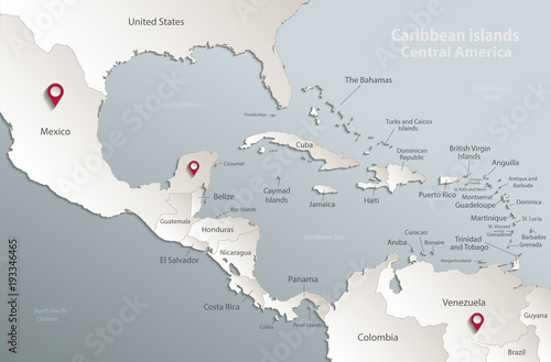 Obraz na plátně Caribbean islands Central America map, state names, separate states, card blue w