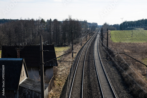 Railway line for high-speed rail trains. Railway line and electric traction, which is located above the track.