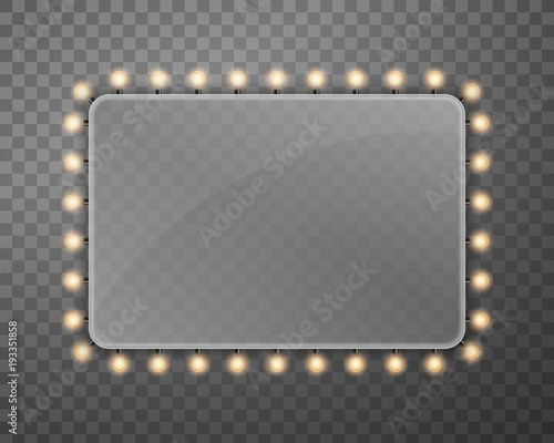 Creative vector illustration of illuminated realistic shine string bulbs banner isolated on transparent background. Art design glowing billboard hollywood lights. Abstract concept graphic element