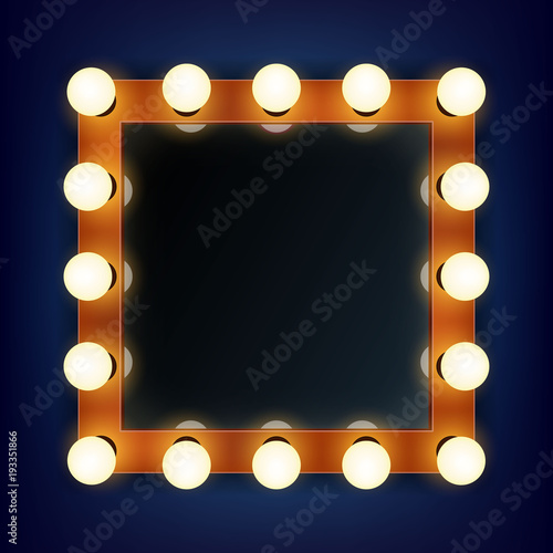 Creative vector illustration of makeup frame with light, volumetric marquee mirror isolated on transparent background. Art design retro electric bulbs, glowing lamps. Abstract concept graphic element