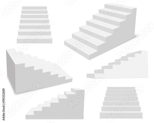 Creative vector illustration of 3d interior staircases  white stage set isolated on transparent background. Art design stairs steps collection. Abstract concept graphic business infographic element