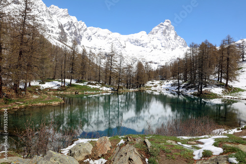 Lago Blu (Blue Lake) with Matterhorn Summit in Breuil-Cervinia. Valtournenche. Aosta Valley. Italy photo