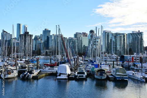 Stanley Park marina and the skyline of Vancouver BC,Canada in the background.