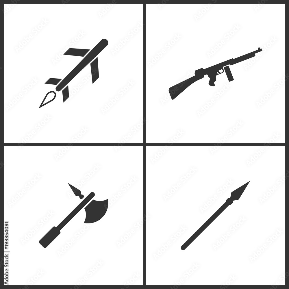 Vector Illustration of Weapon Set Icons. Elements of Cruise missile, Machine Gun, Viking military iron halbert and Medieval spear weapon with pointed head icon Vector Illustration of Weapon Set Icons. Elements of Cruise missile, Machine Gun, Viking military iron halbert and Medieval spear weapon with pointed head icon
