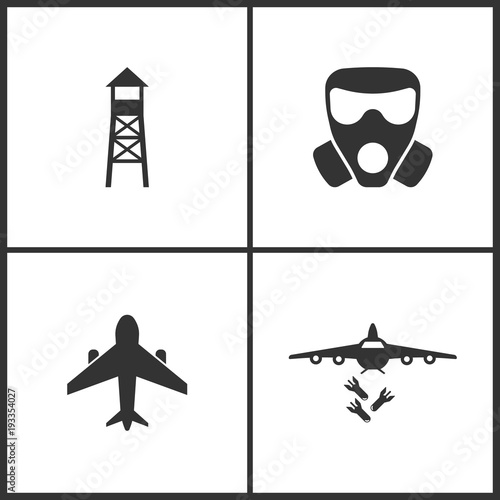 Vector Illustration of Weapon Set Icons. Suitable for use on web apps  mobile apps and print media. Elements of Observation post  Respirator  Airplane and Bombardment icon