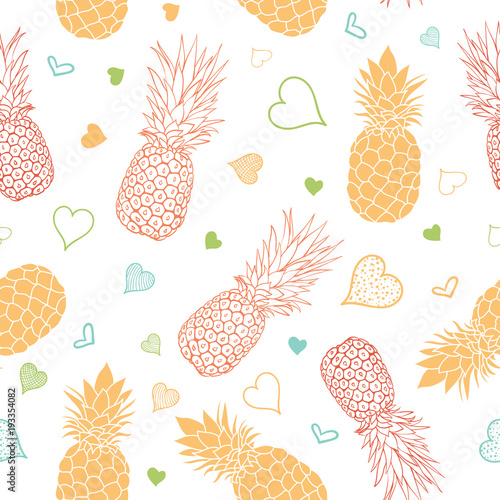 Vector orange green pineapples stars summer tropical seamless pattern backgro...